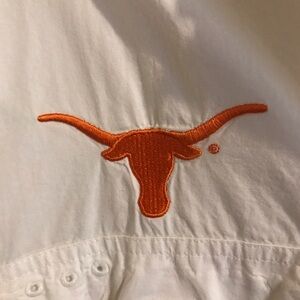 White Casual Button-Down Shirt with Orange Longhorn Logo Gently Worn